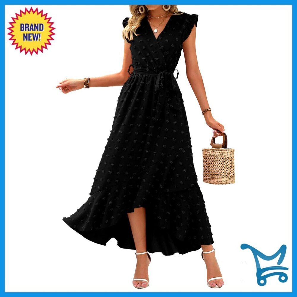 Swiss Dot Maxi Dress Boho Flowy Ruffle Cap Sleeve Wrap V Neck Elegant